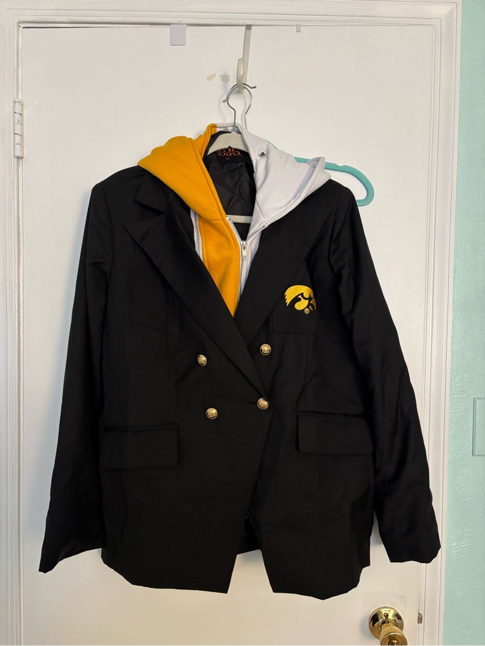 Iowa Hawkeye Black Double-Breasted Blazer with Gold Logo and Gold Hooded XXL